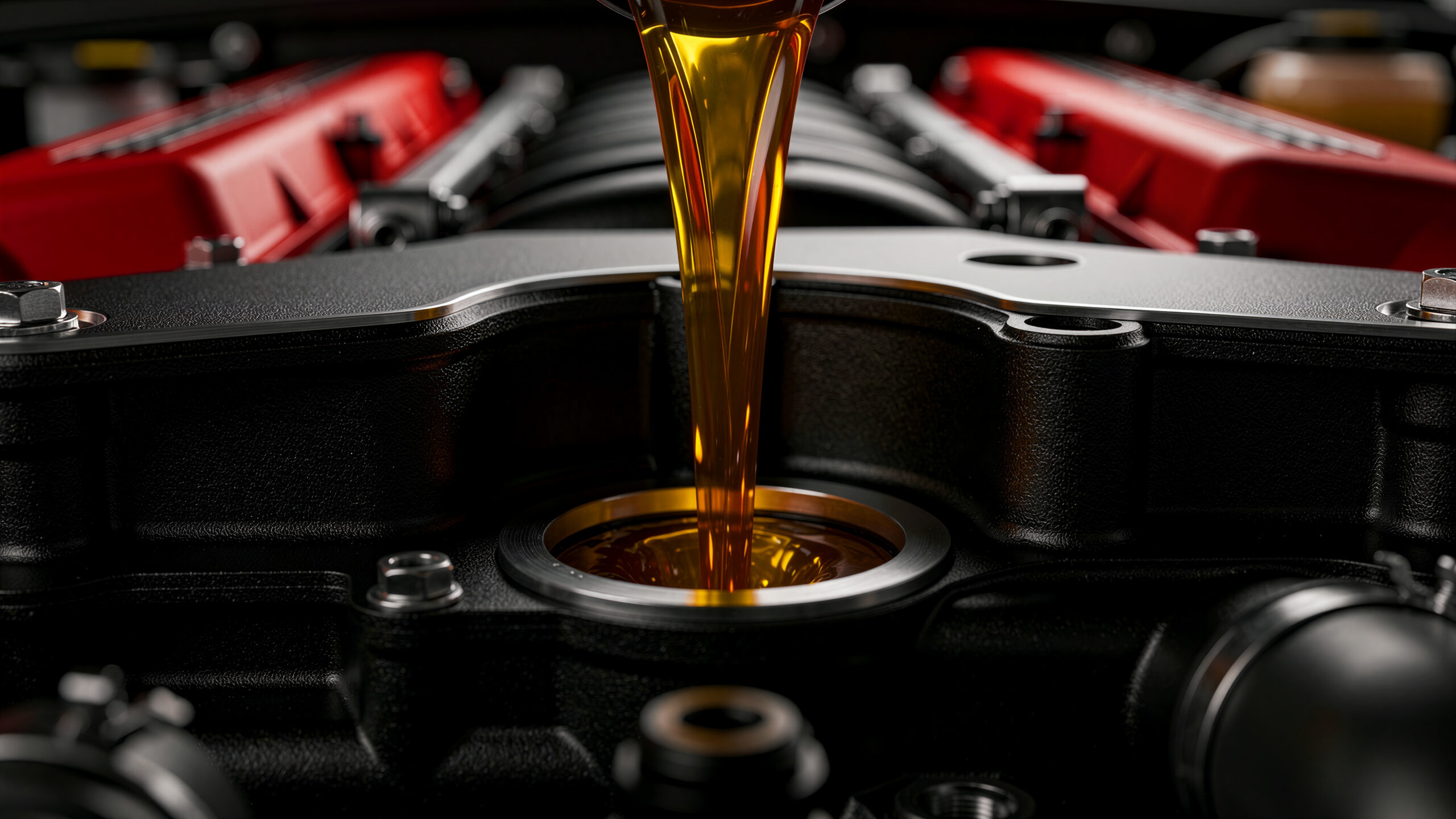 Fresh motor oil pouring into a high-performance car engine. Close-up view of golden lubricant entering the filler neck of a modern vehicle